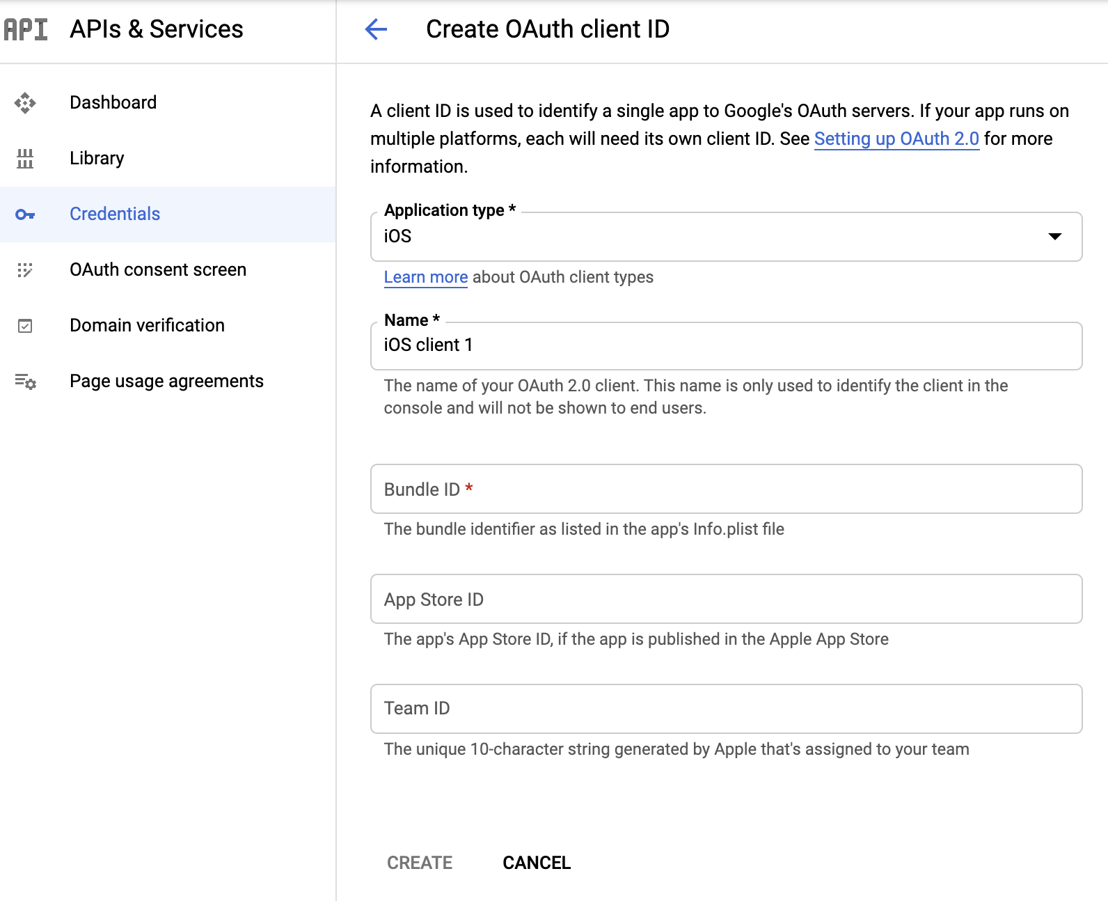 OAuth client ID creation page